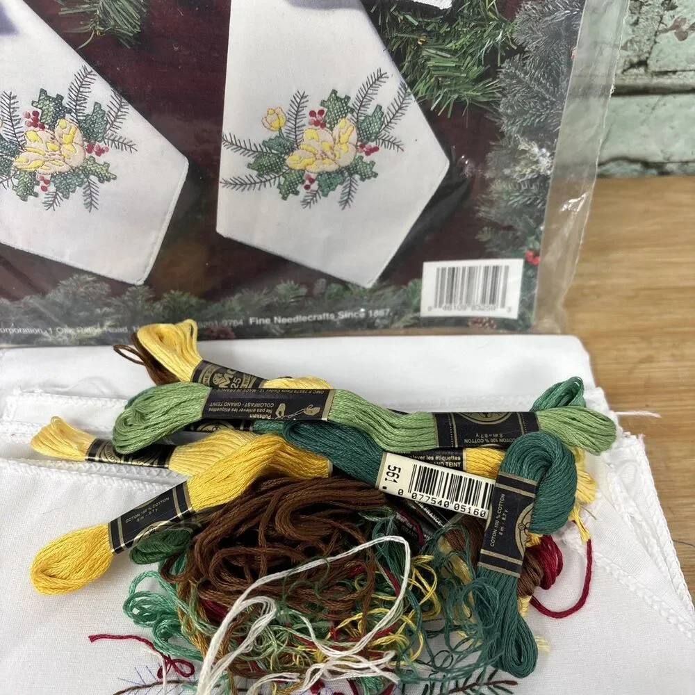 Bucilla Stamped Cross Stitch Napkins Christmas Rose #83259 Some Floss, Started